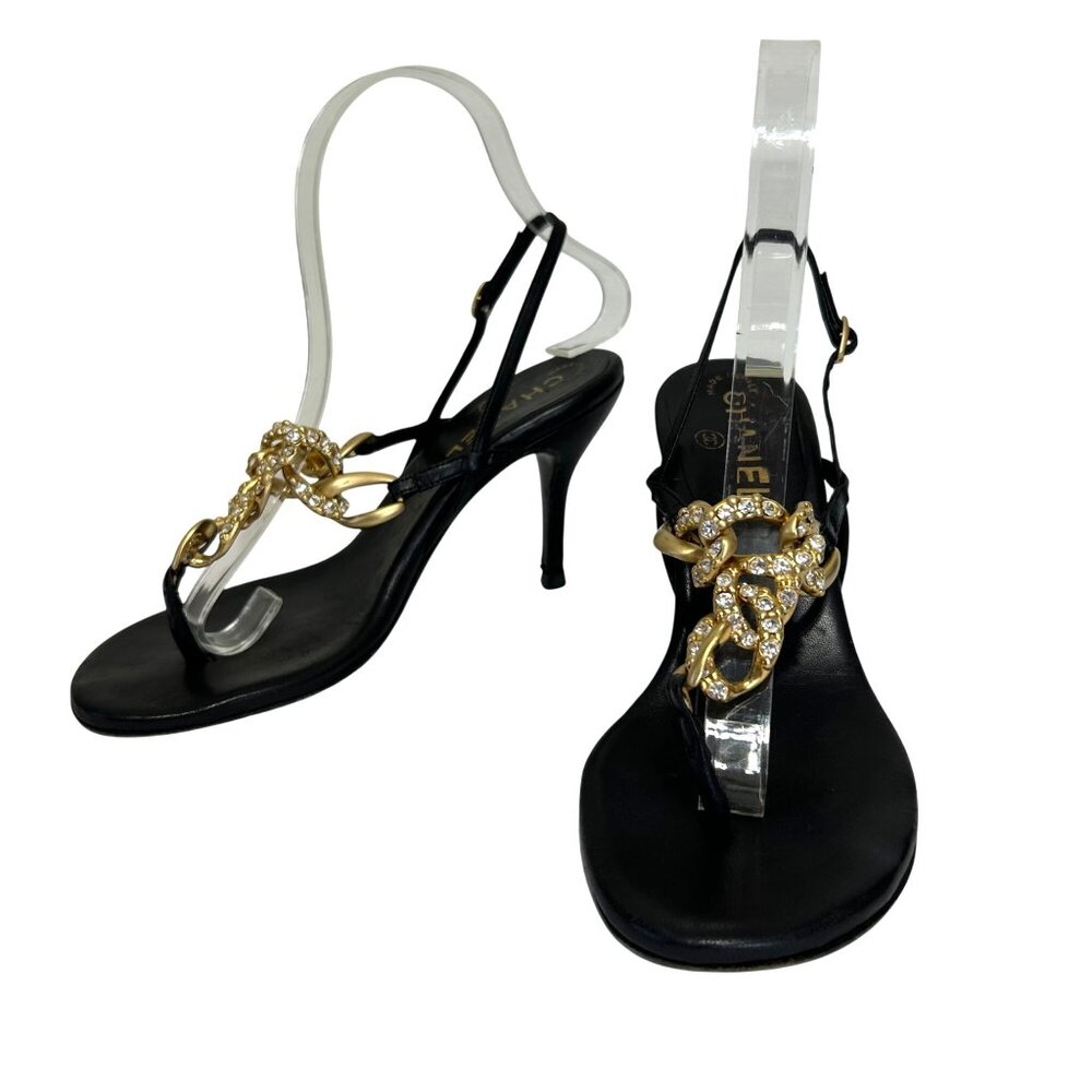 Chanel Sz 36 Black Leather Slingback Heels With Gold Chain Rhinestone Detail